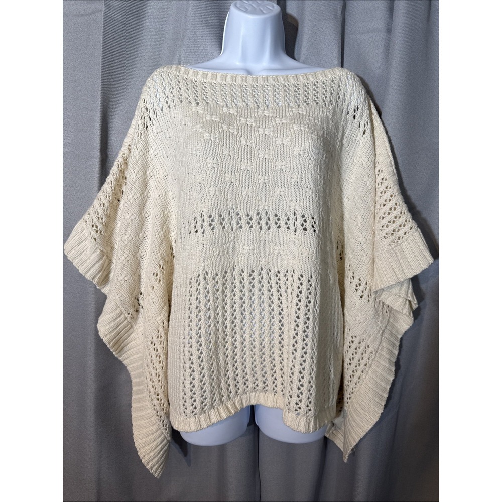 Worth New York Poncho Sweater Womens Large Cream Open Knit Boat Neck Cape Boho